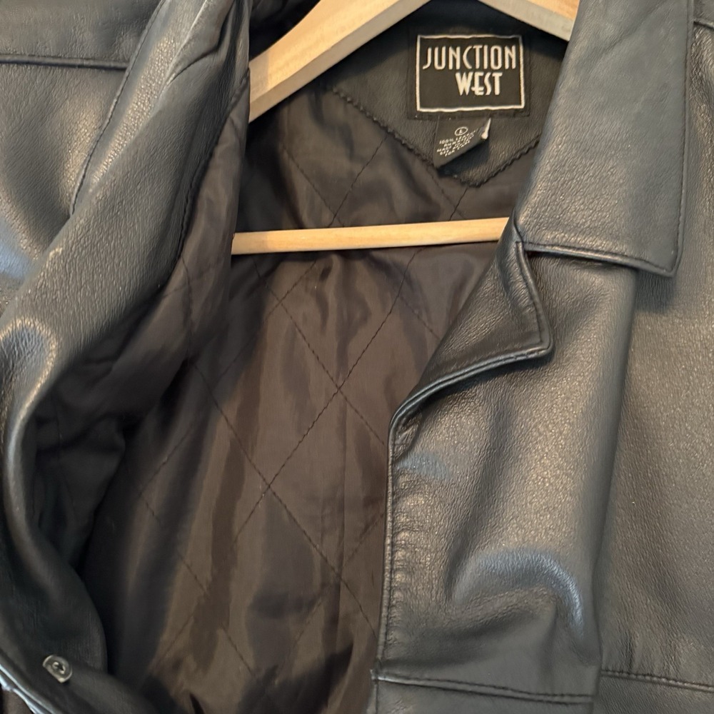 Junction West Leather Jacket Mens Size L Black Long Coat Outdoor Button Classic - Picture 9 of 10